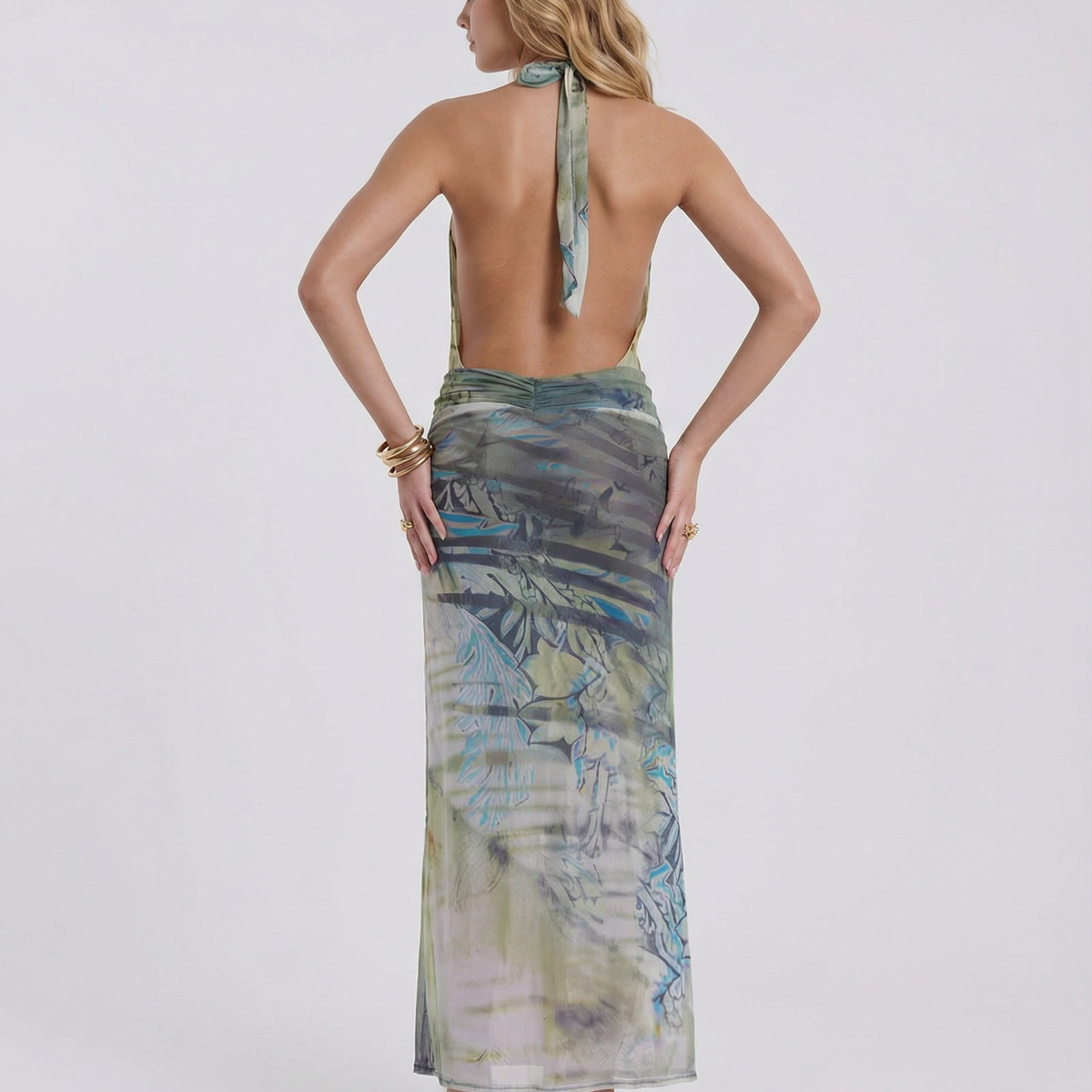Sonya | Plunge Halter Printed Maxi Dress
