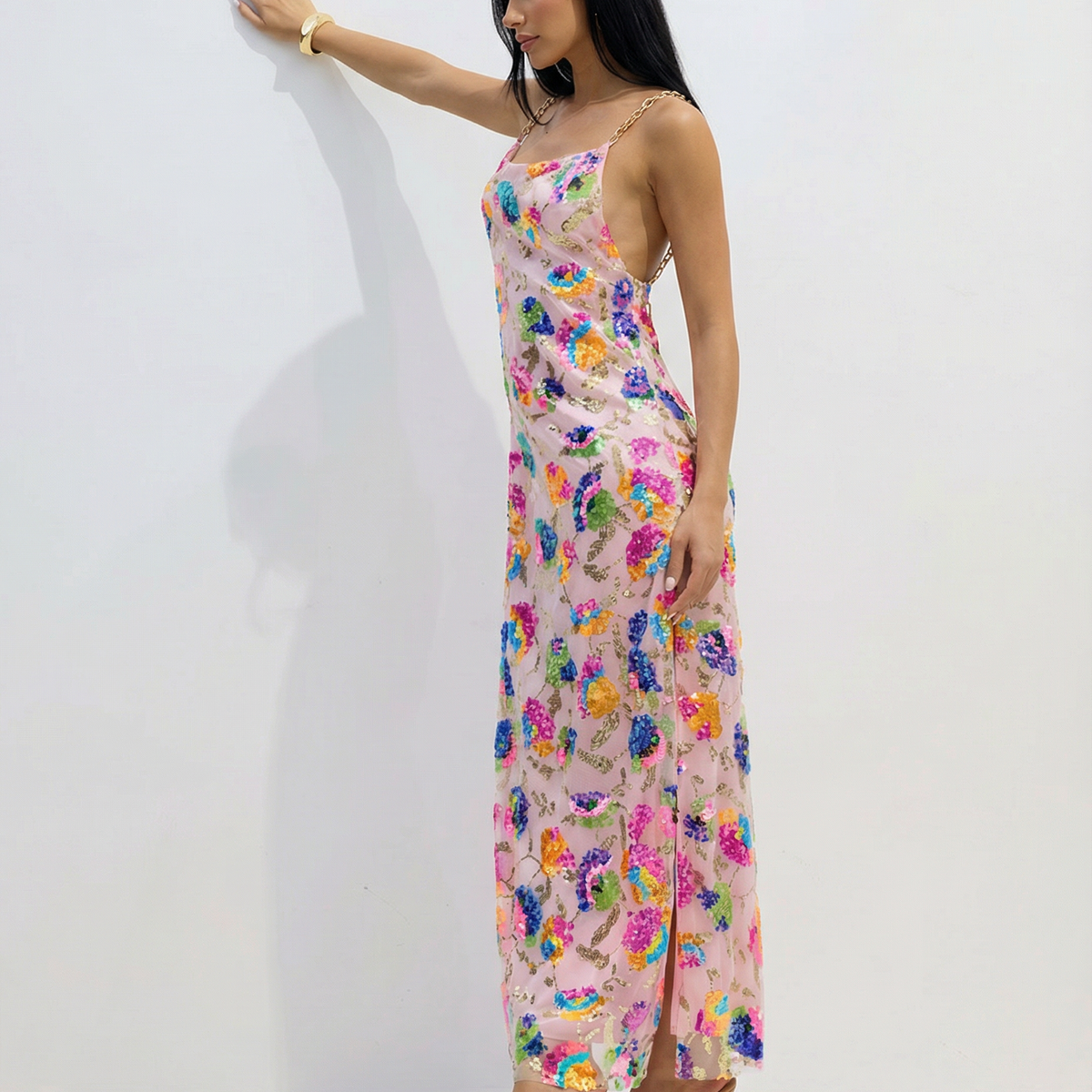 Carole | Sequin Embroidered Backless Maxi Dress