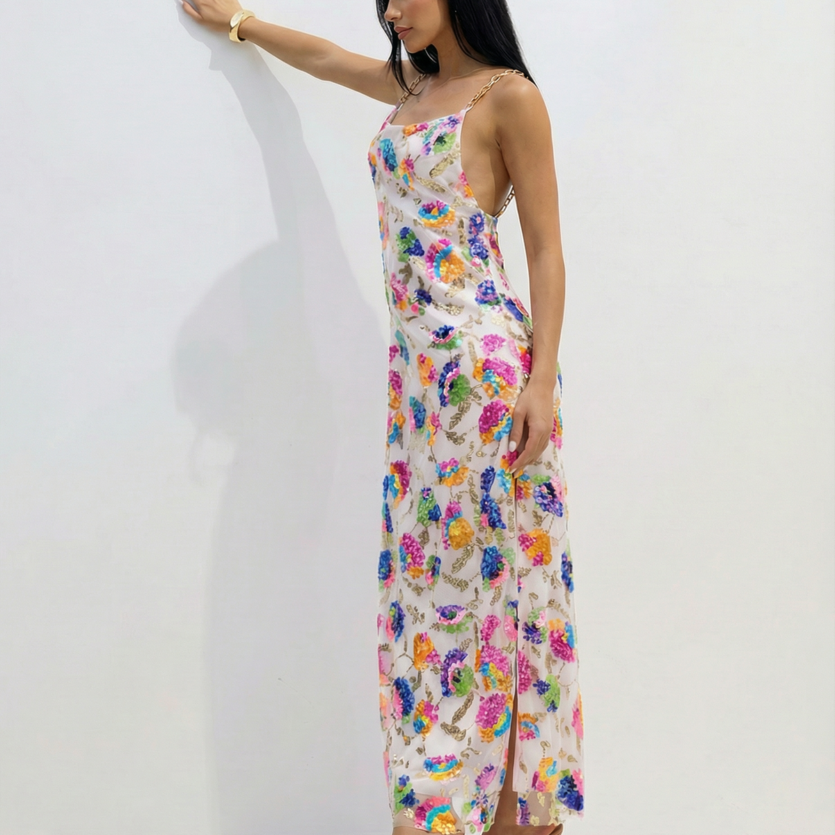Carole | Sequin Embroidered Backless Maxi Dress
