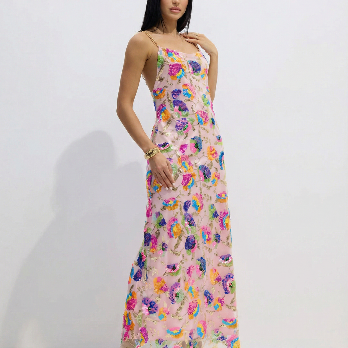 Carole | Sequin Embroidered Backless Maxi Dress