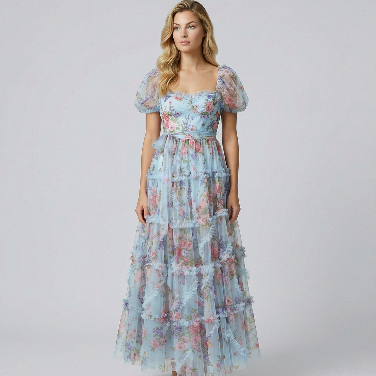 Dana | Maxi Dress with Floral Tulle and Puff Sleeves