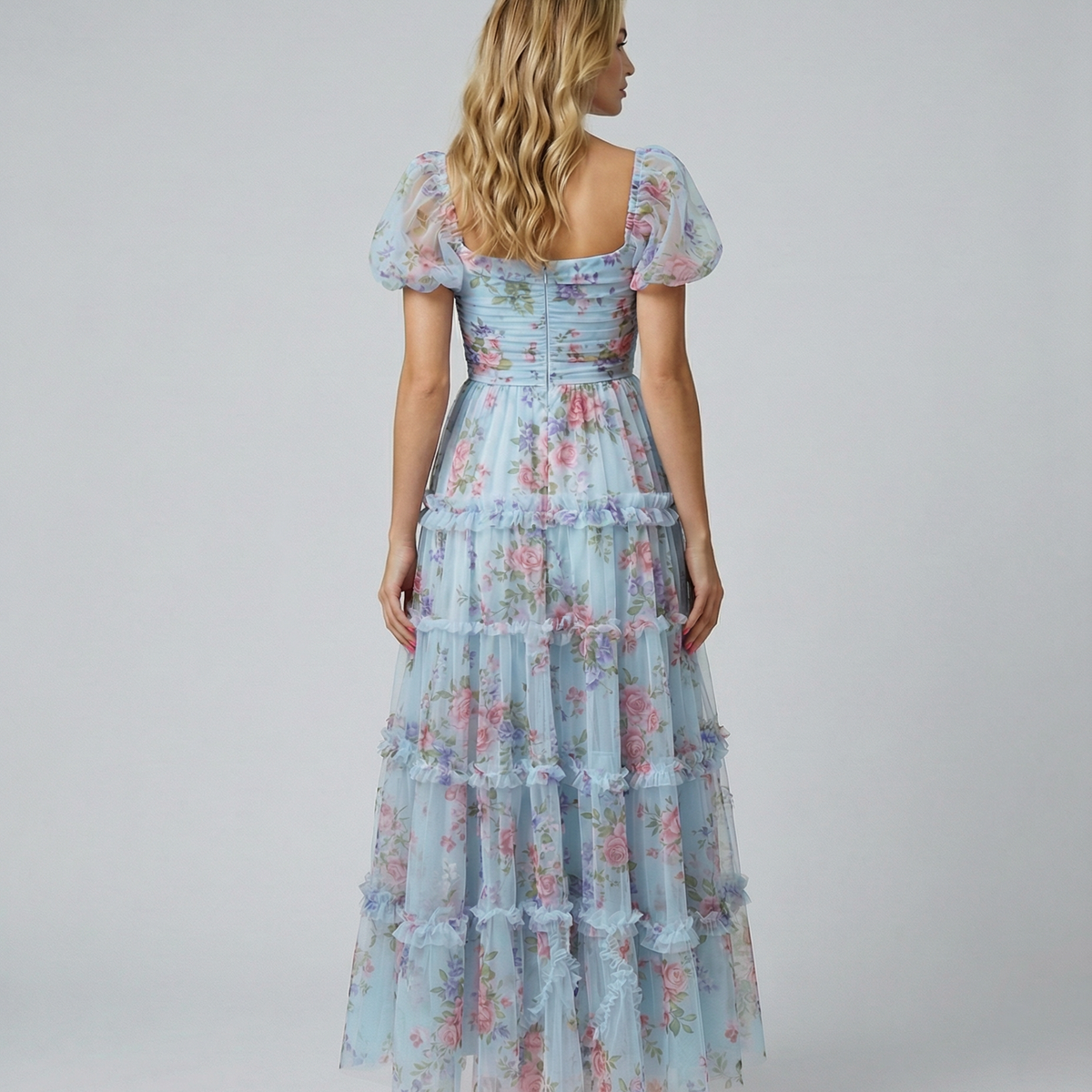 Dana | Maxi Dress with Floral Tulle and Puff Sleeves