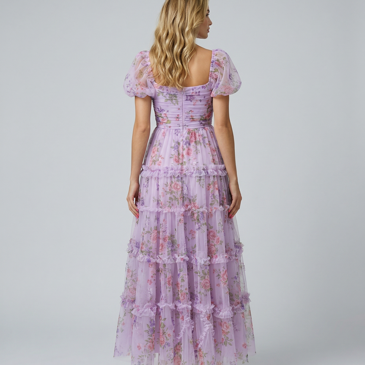 Dana | Maxi Dress with Floral Tulle and Puff Sleeves
