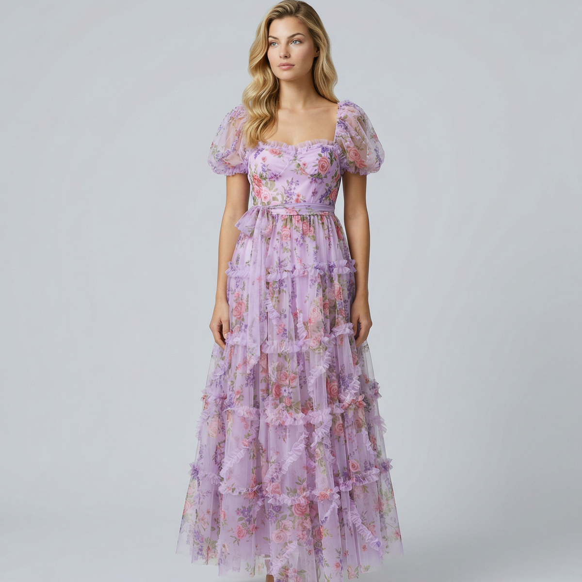 Dana | Maxi Dress with Floral Tulle and Puff Sleeves
