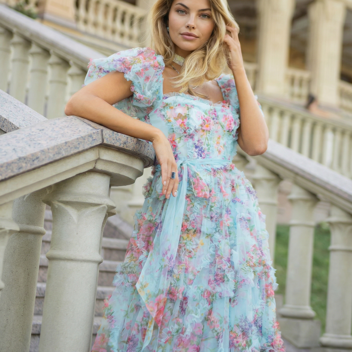 Dana | Maxi Dress with Floral Tulle and Puff Sleeves