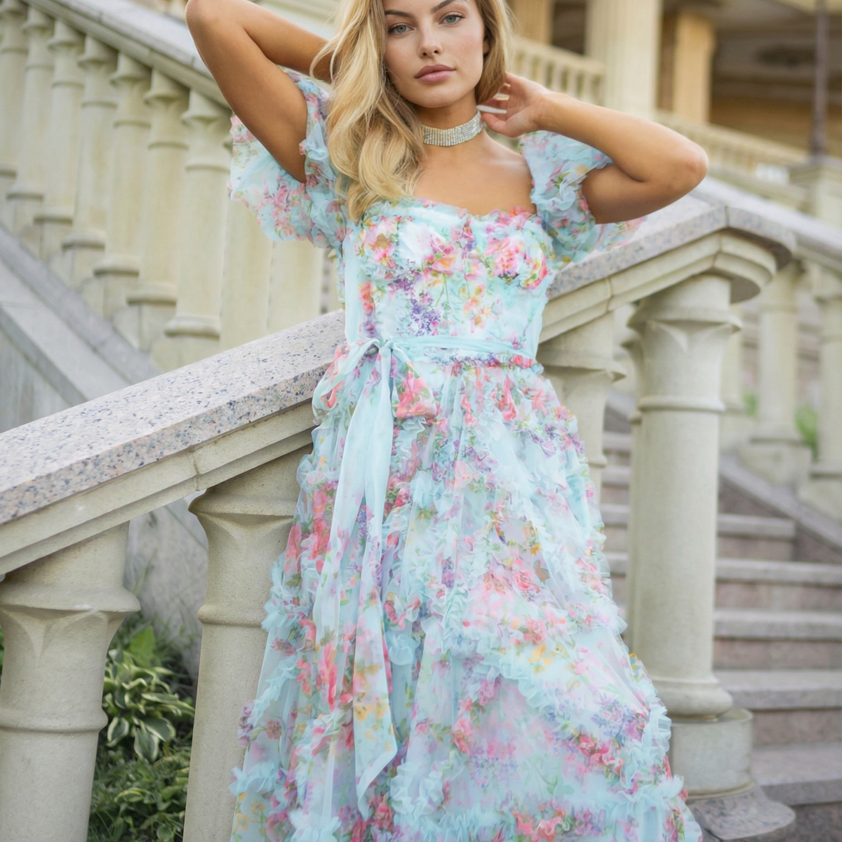 Dana | Maxi Dress with Floral Tulle and Puff Sleeves