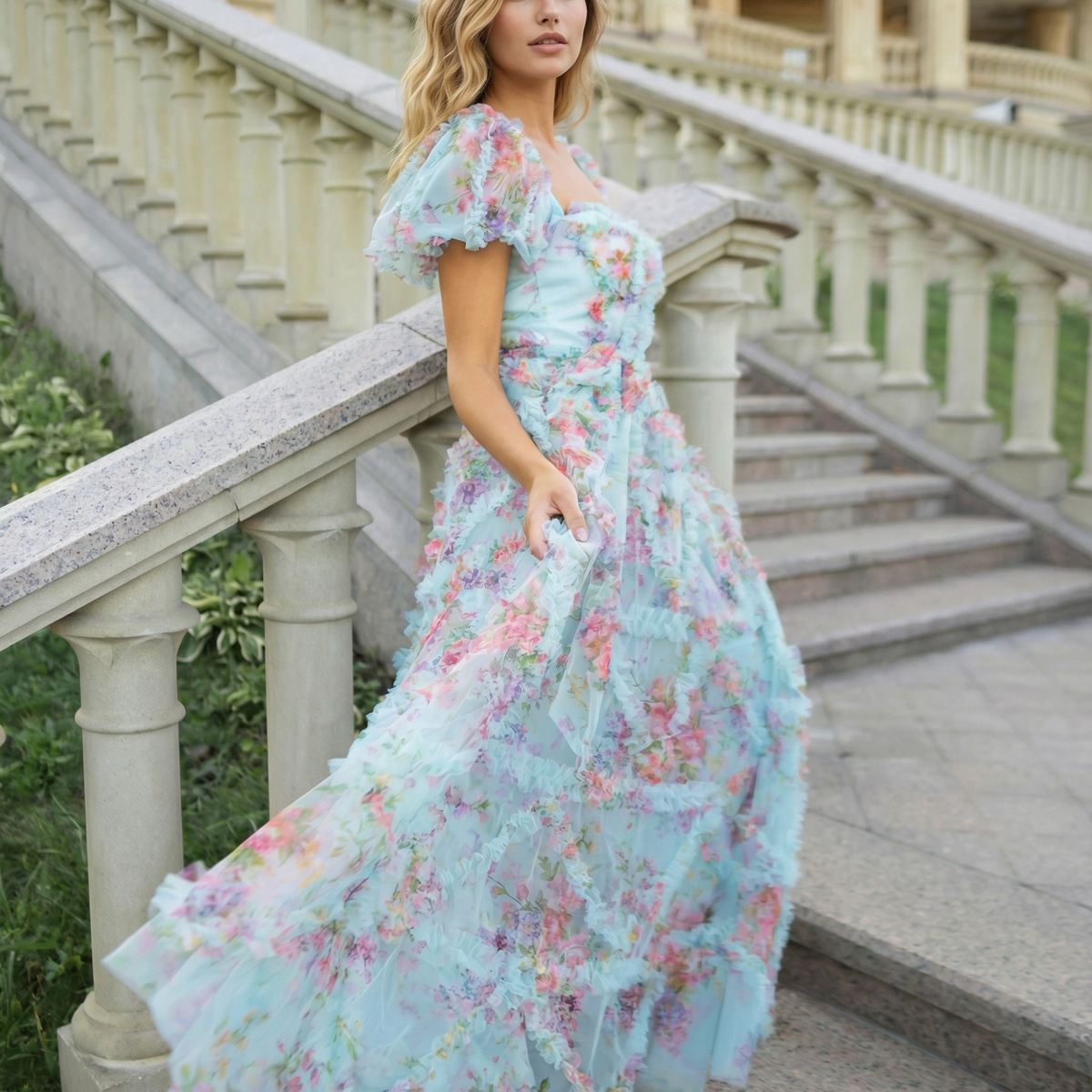 Dana | Maxi Dress with Floral Tulle and Puff Sleeves