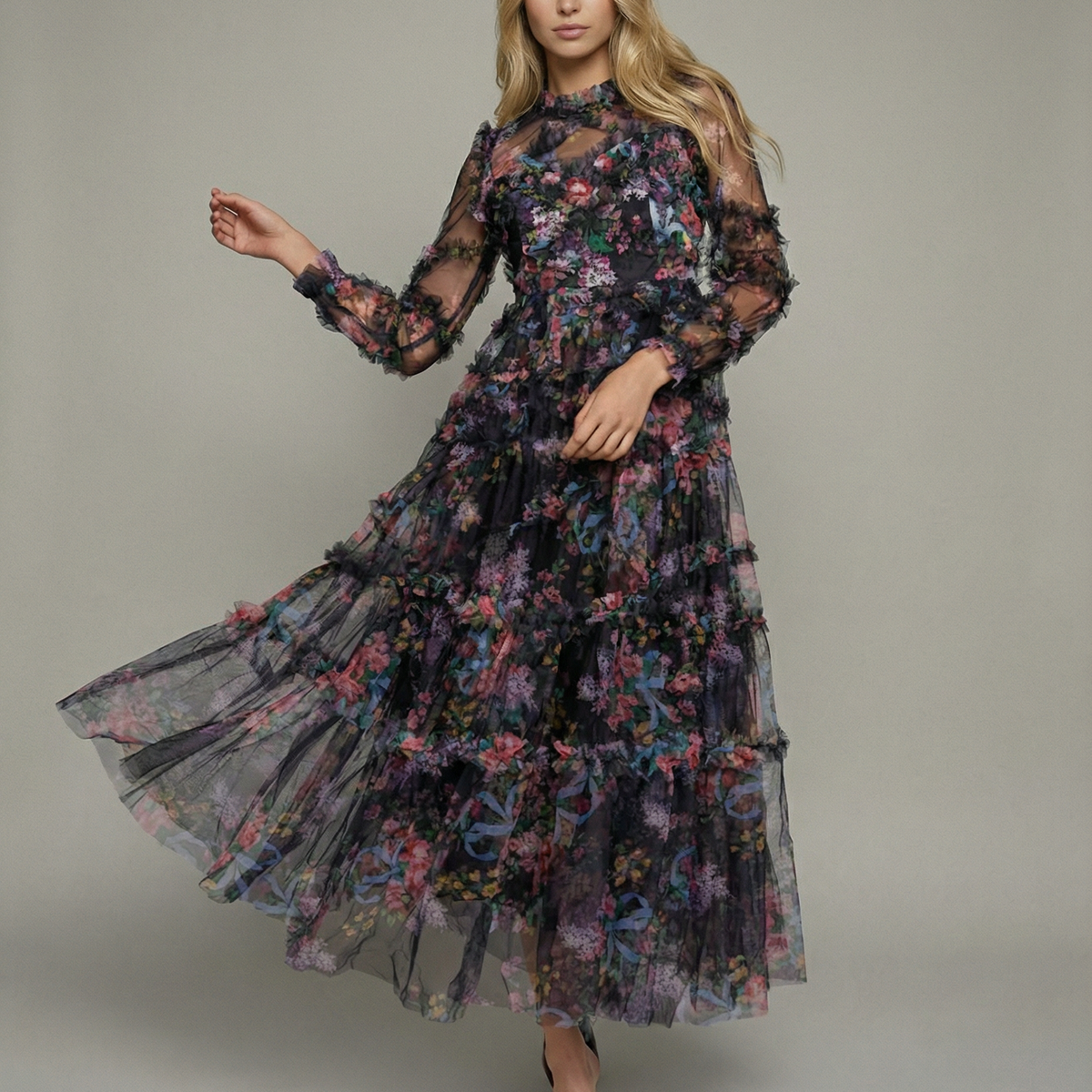 Vickie | Maxi Dress with Floral Ruffle Layers