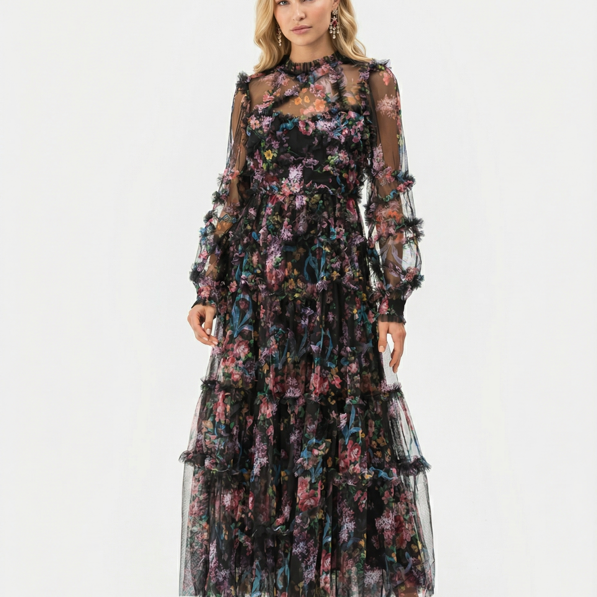 Vickie | Maxi Dress with Floral Ruffle Layers