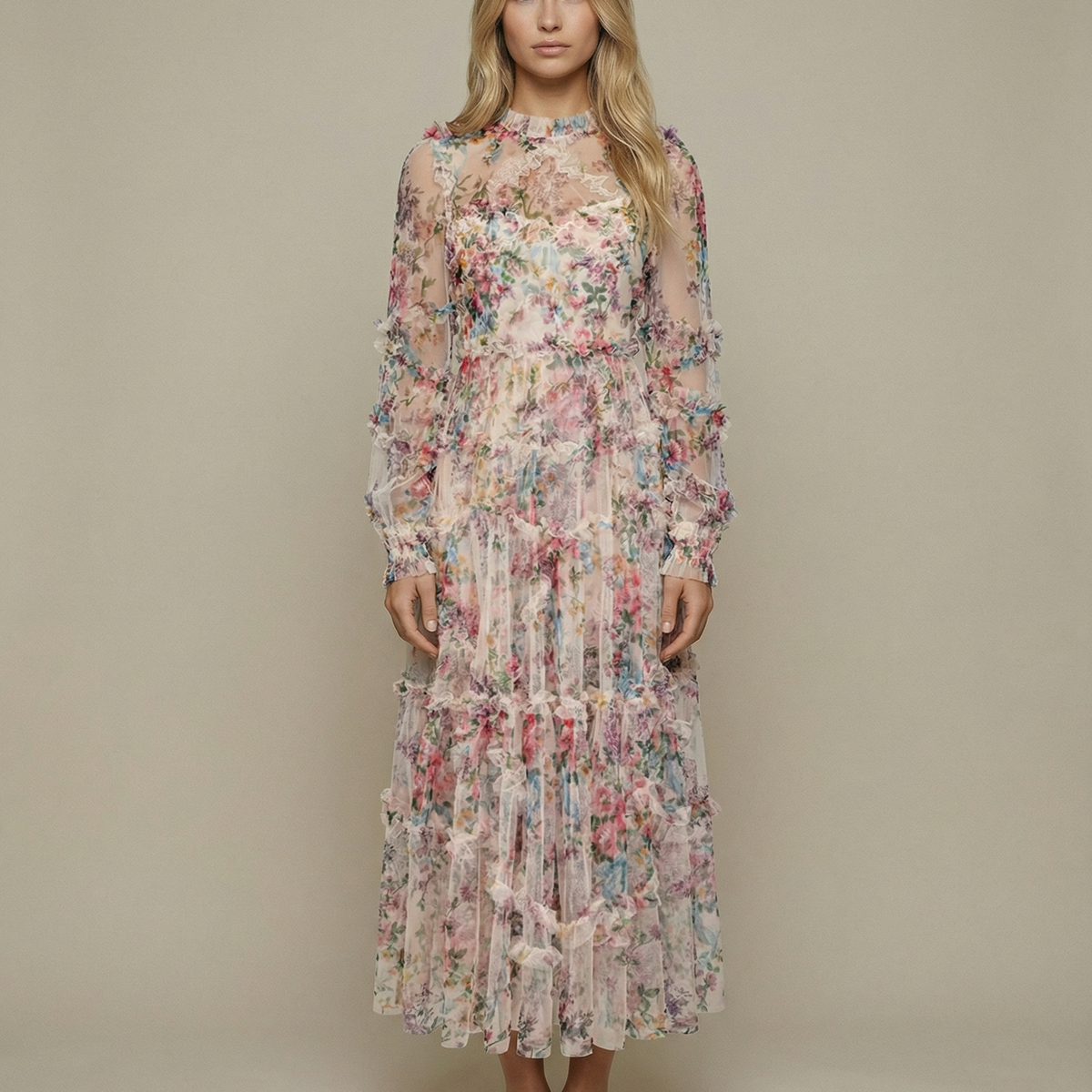 Vickie | Maxi Dress with Floral Ruffle Layers