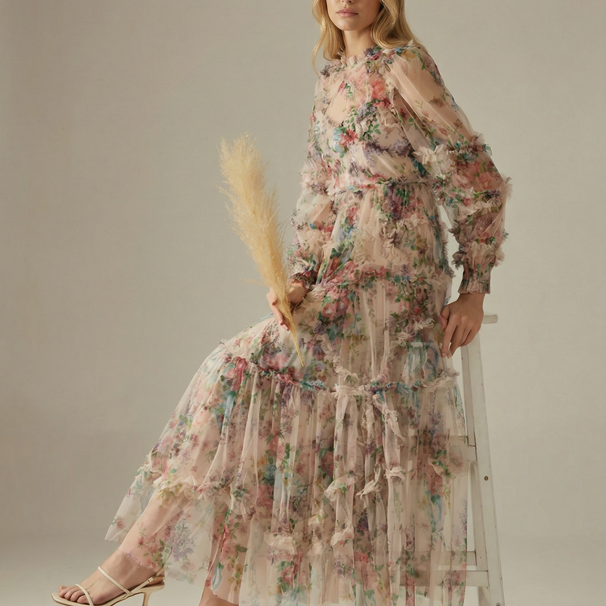Vickie | Maxi Dress with Floral Ruffle Layers