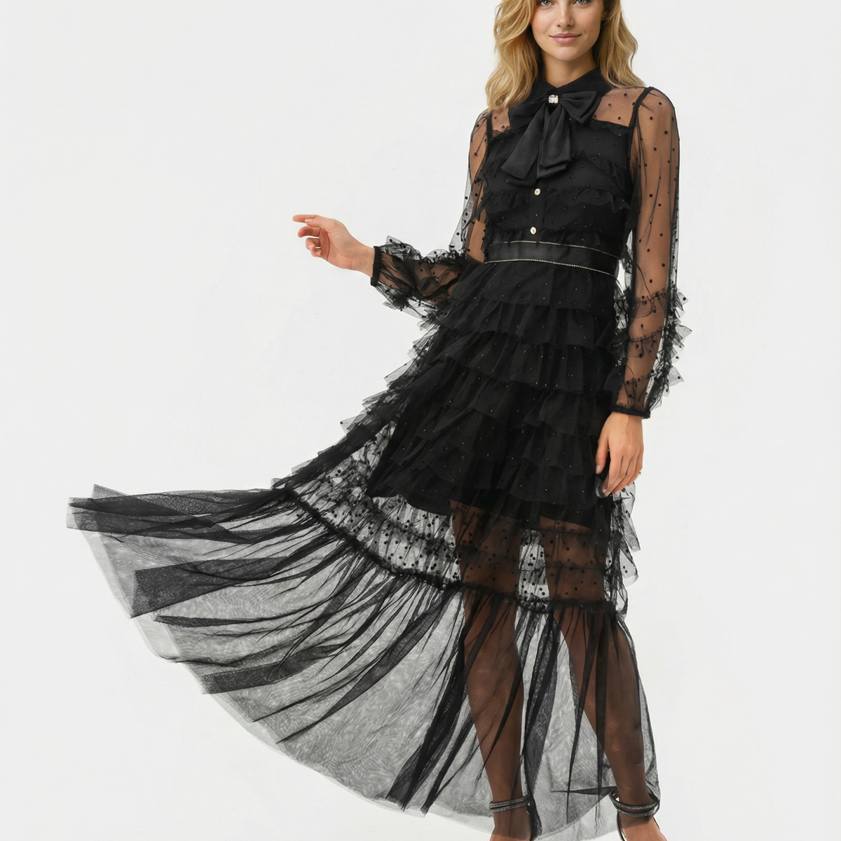 Gayle | Maxi Dress with Polka Dot Tulle and Ruffle Layers