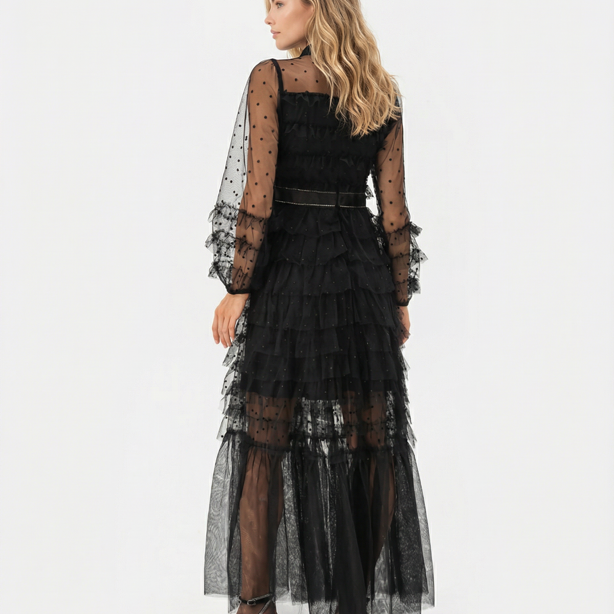 Gayle | Maxi Dress with Polka Dot Tulle and Ruffle Layers