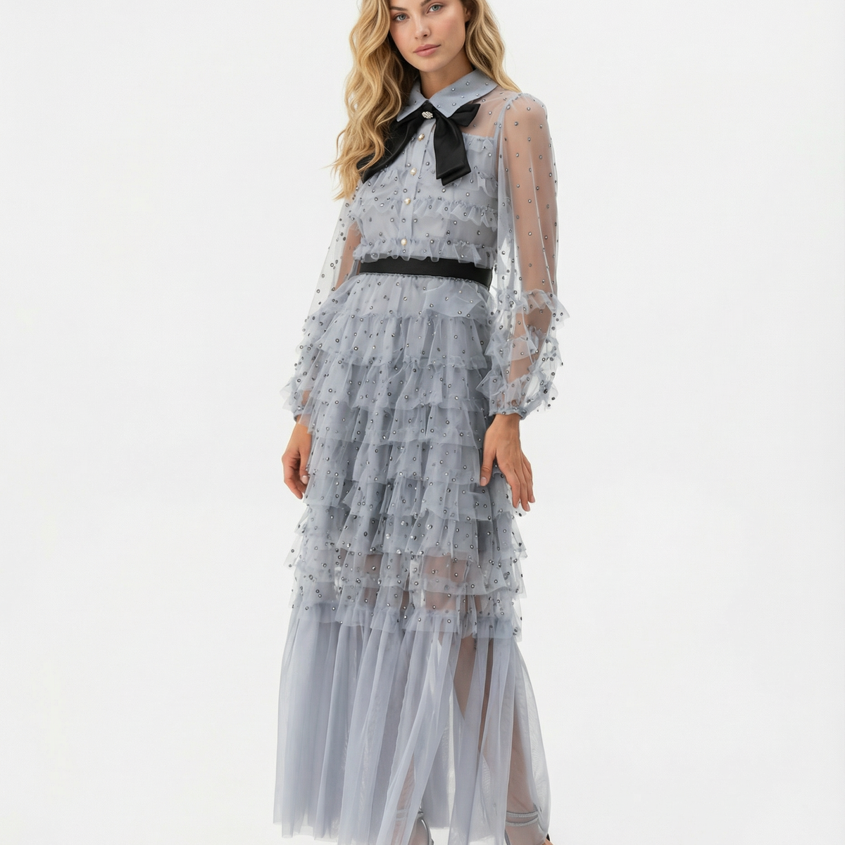 Gayle | Maxi Dress with Polka Dot Tulle and Ruffle Layers