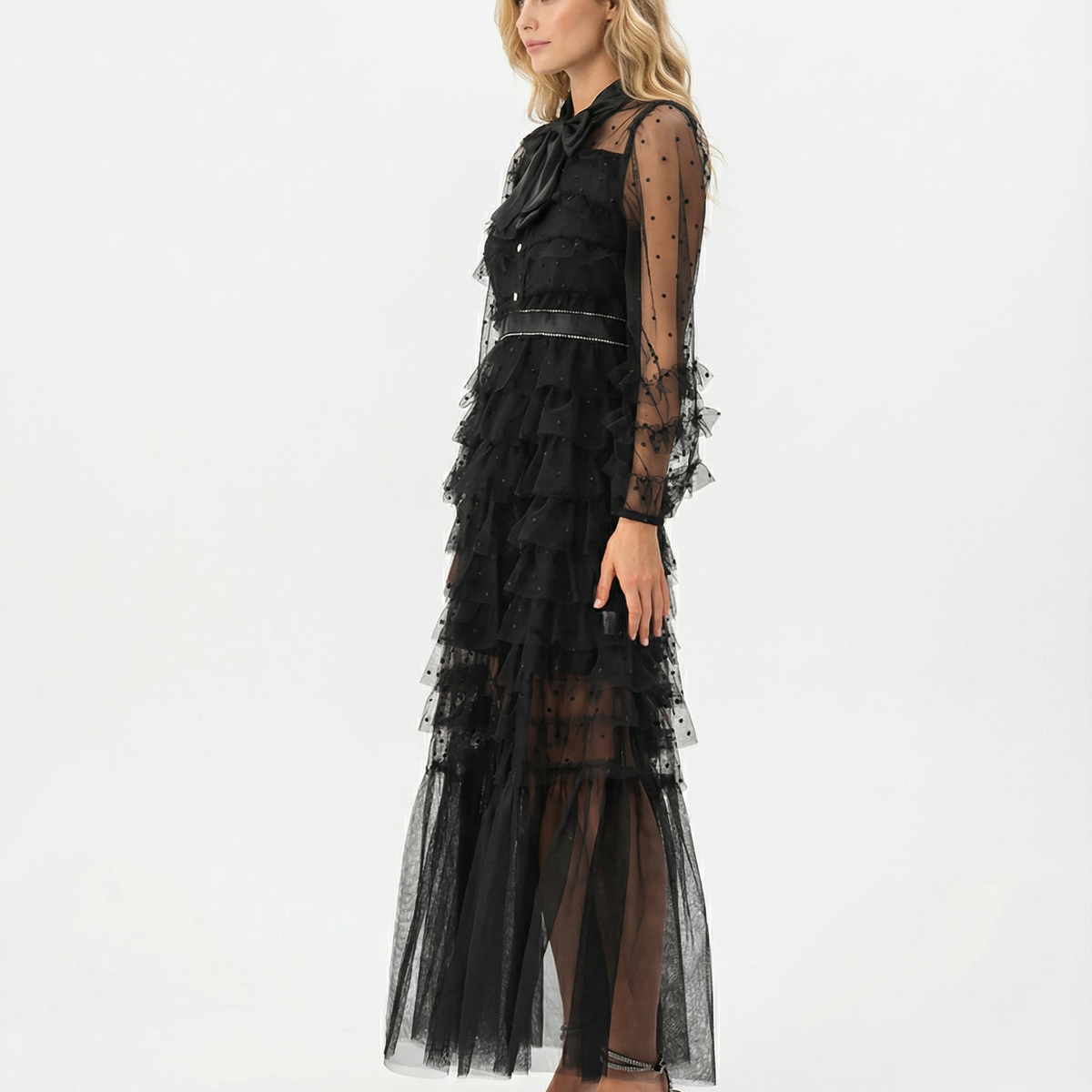 Gayle | Maxi Dress with Polka Dot Tulle and Ruffle Layers