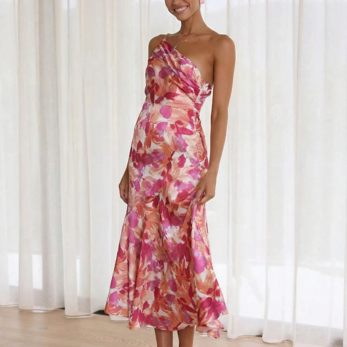 Lizzie | Midi Dress with One Shoulder and Floral Print
