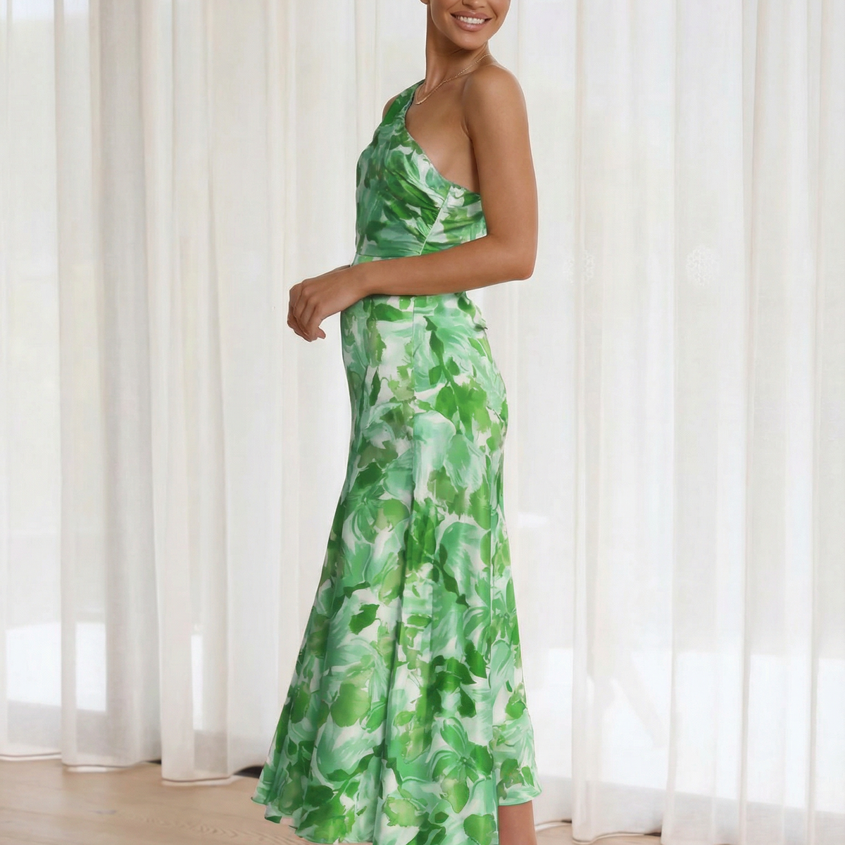 Lizzie | Midi Dress with One Shoulder and Floral Print