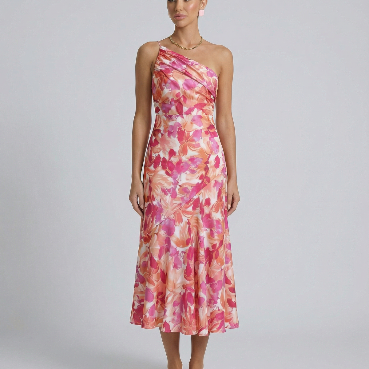 Lizzie | Midi Dress with One Shoulder and Floral Print