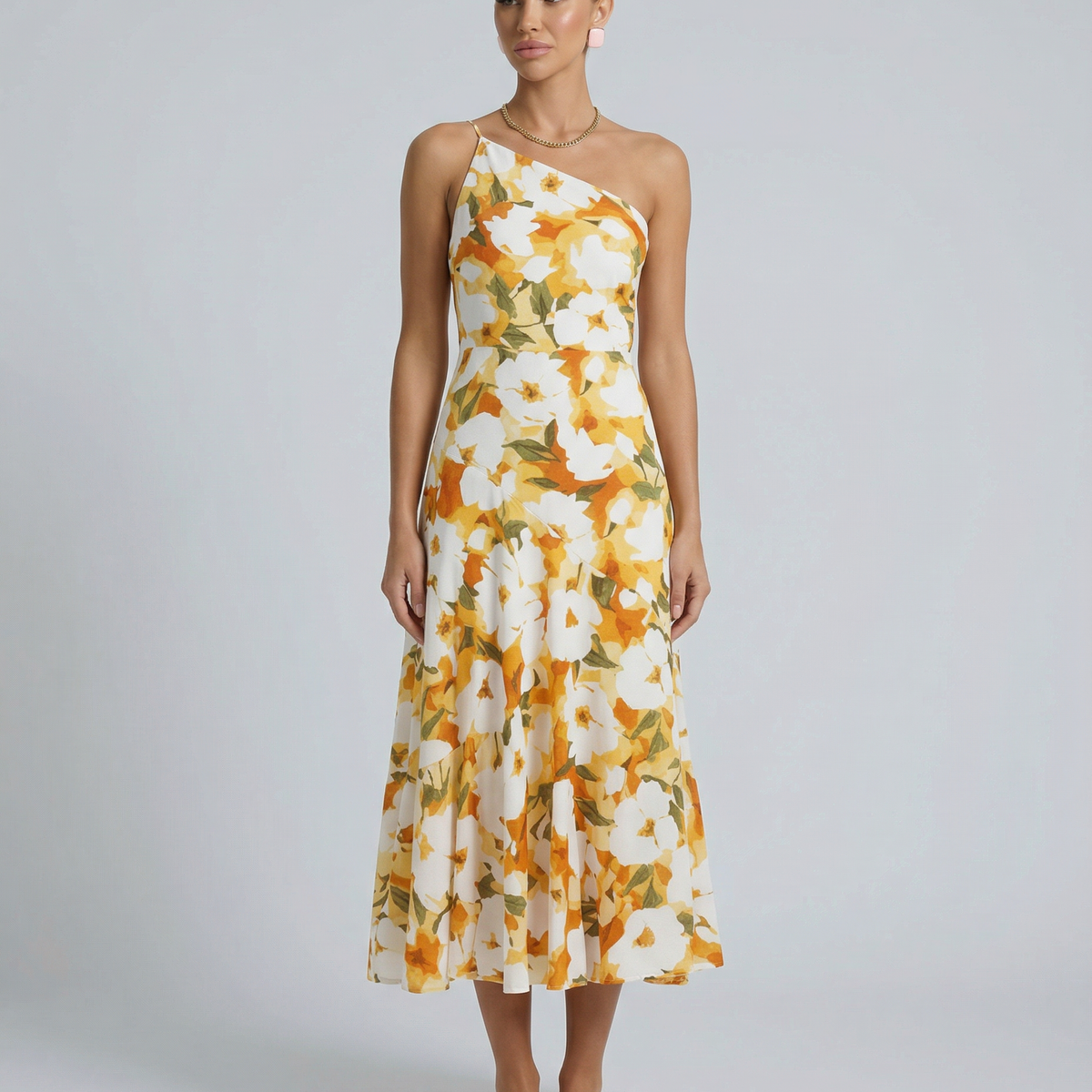 Lizzie | Midi Dress with One Shoulder and Floral Print