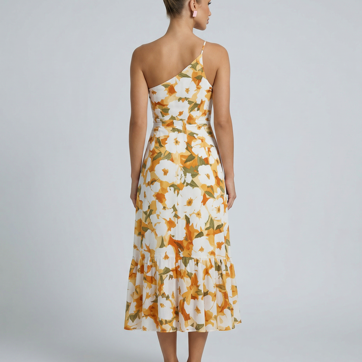 Lizzie | Midi Dress with One Shoulder and Floral Print