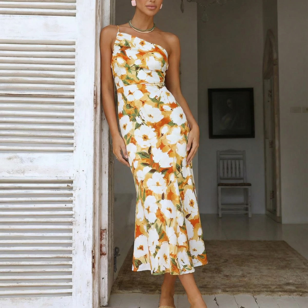 Lizzie | Midi Dress with One Shoulder and Floral Print