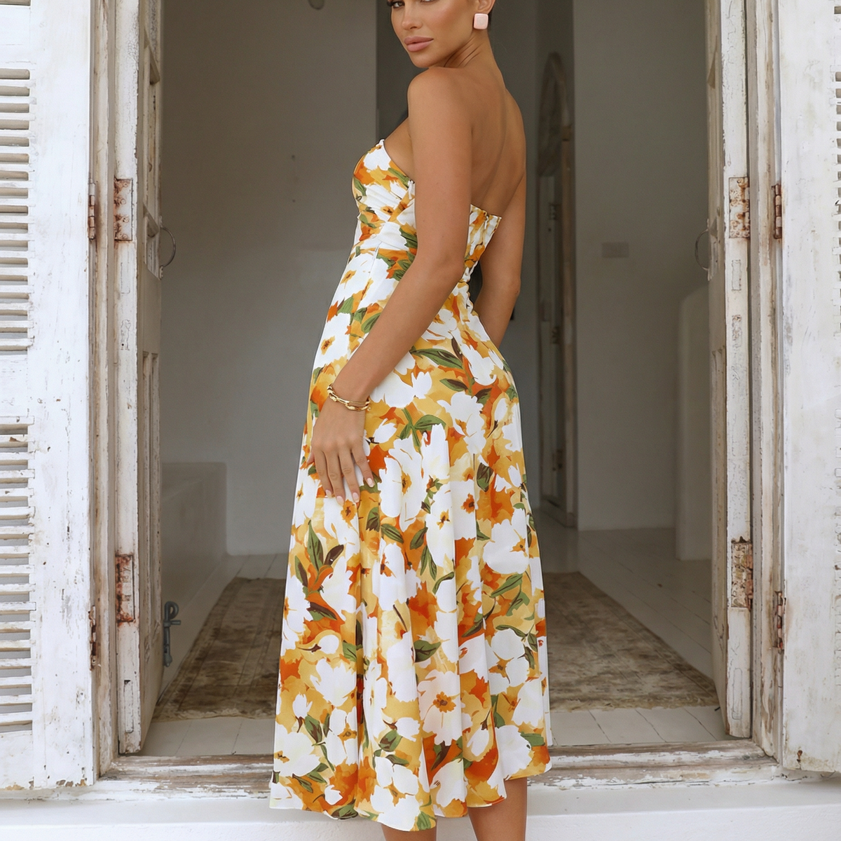 Lizzie | Midi Dress with One Shoulder and Floral Print