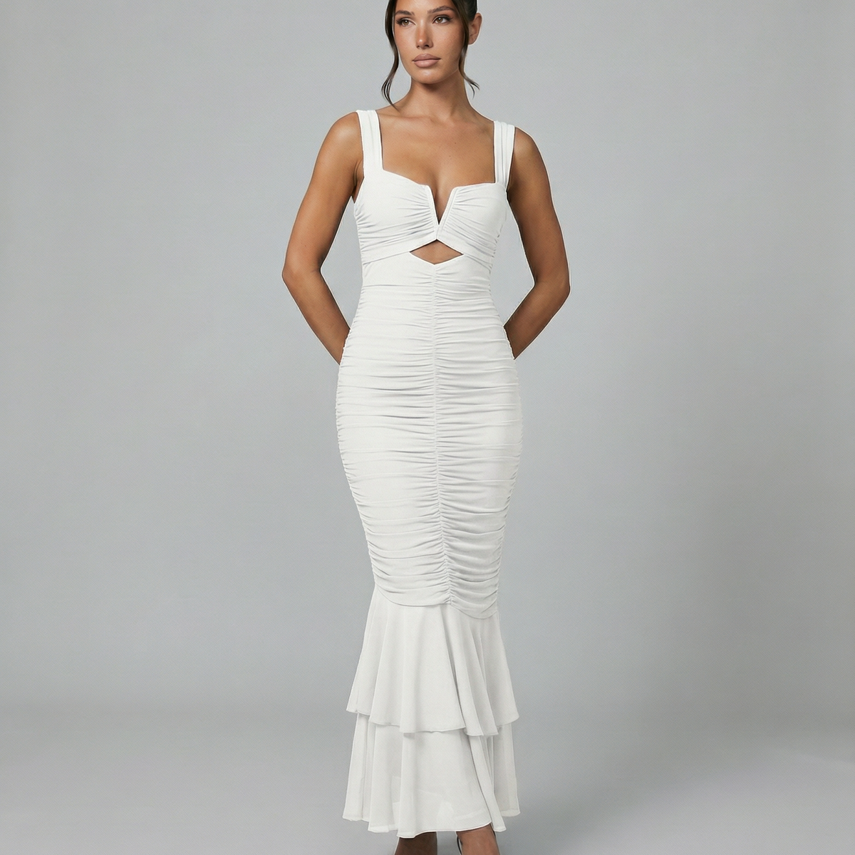 Laverne | Ruched Fishtail Maxi Dress with V-Wire Bust