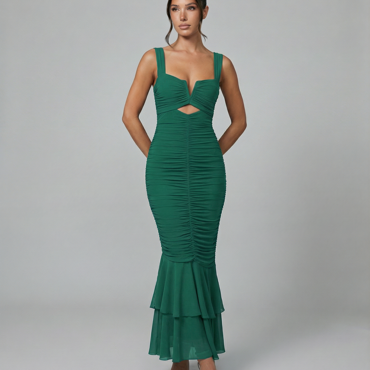 Laverne | Ruched Fishtail Maxi Dress with V-Wire Bust