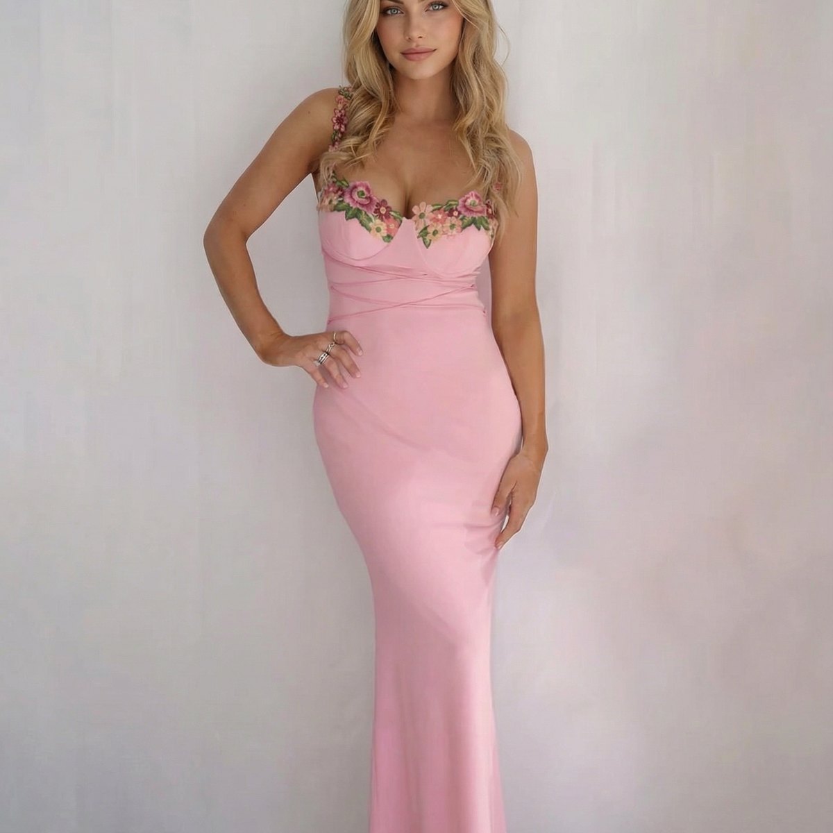 Krista | Bodycon Maxi Dress with Floral Strap Detail