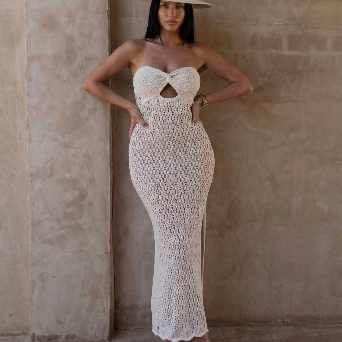 Joni | Strapless Crochet Maxi Dress with Front Split