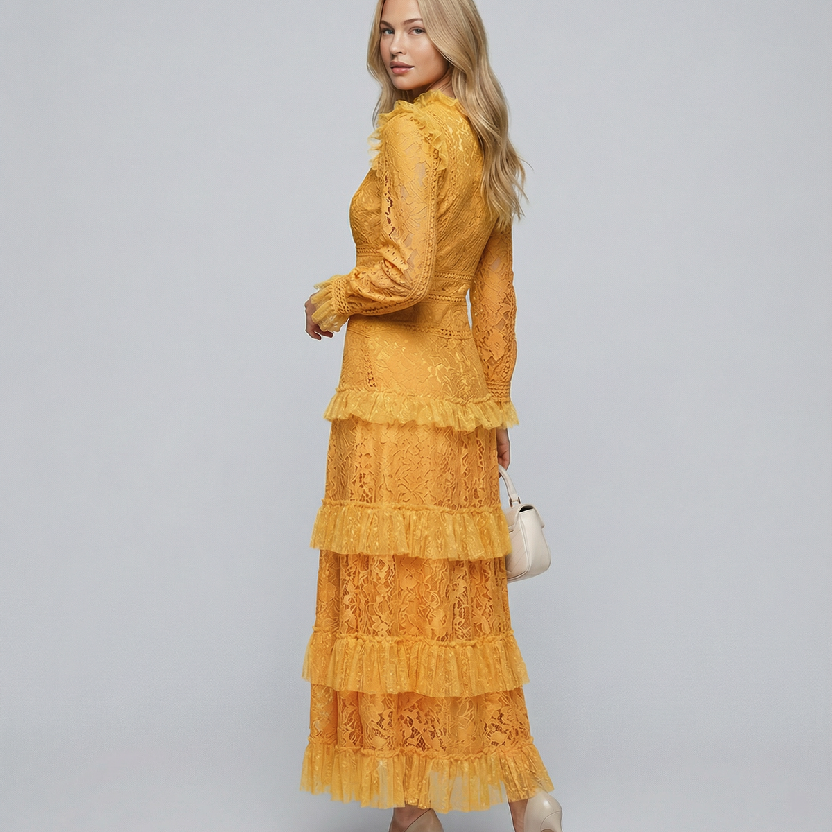 Rebekah | Lace Maxi Dress with Long Sleeves and Tiered Ruffles