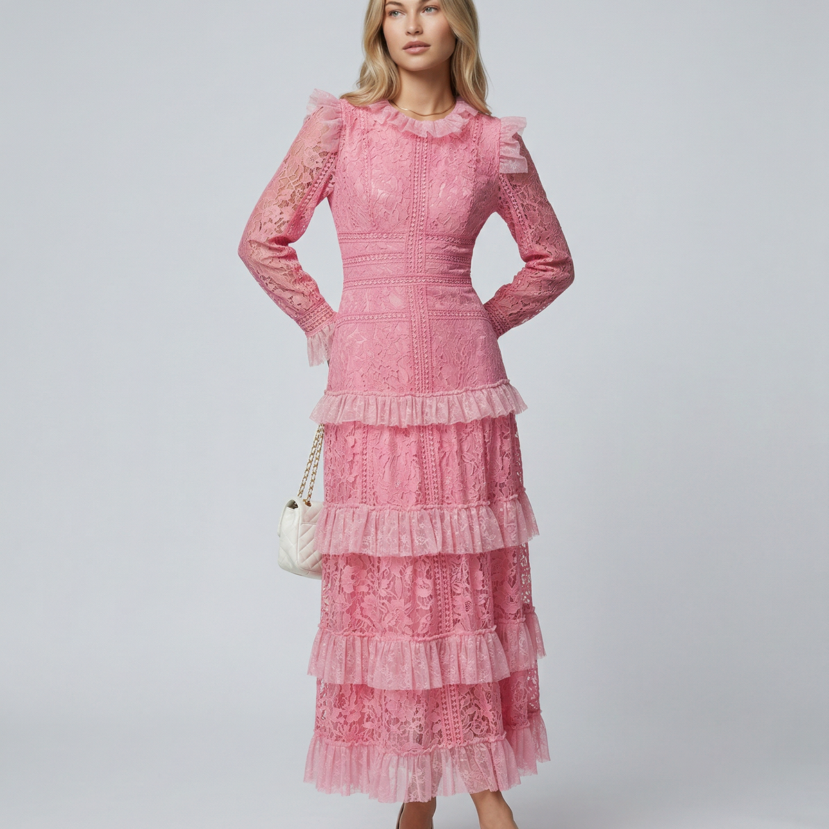 Rebekah | Lace Maxi Dress with Long Sleeves and Tiered Ruffles