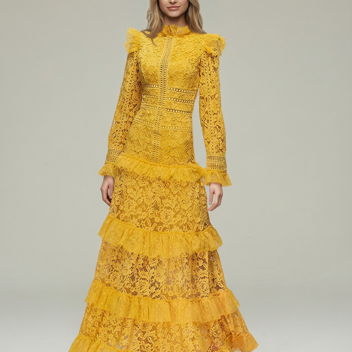 Rebekah | Lace Maxi Dress with Long Sleeves and Tiered Ruffles
