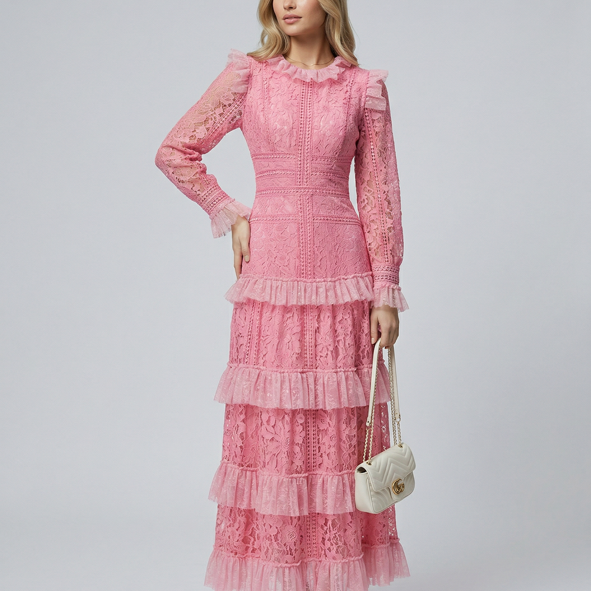 Rebekah | Lace Maxi Dress with Long Sleeves and Tiered Ruffles
