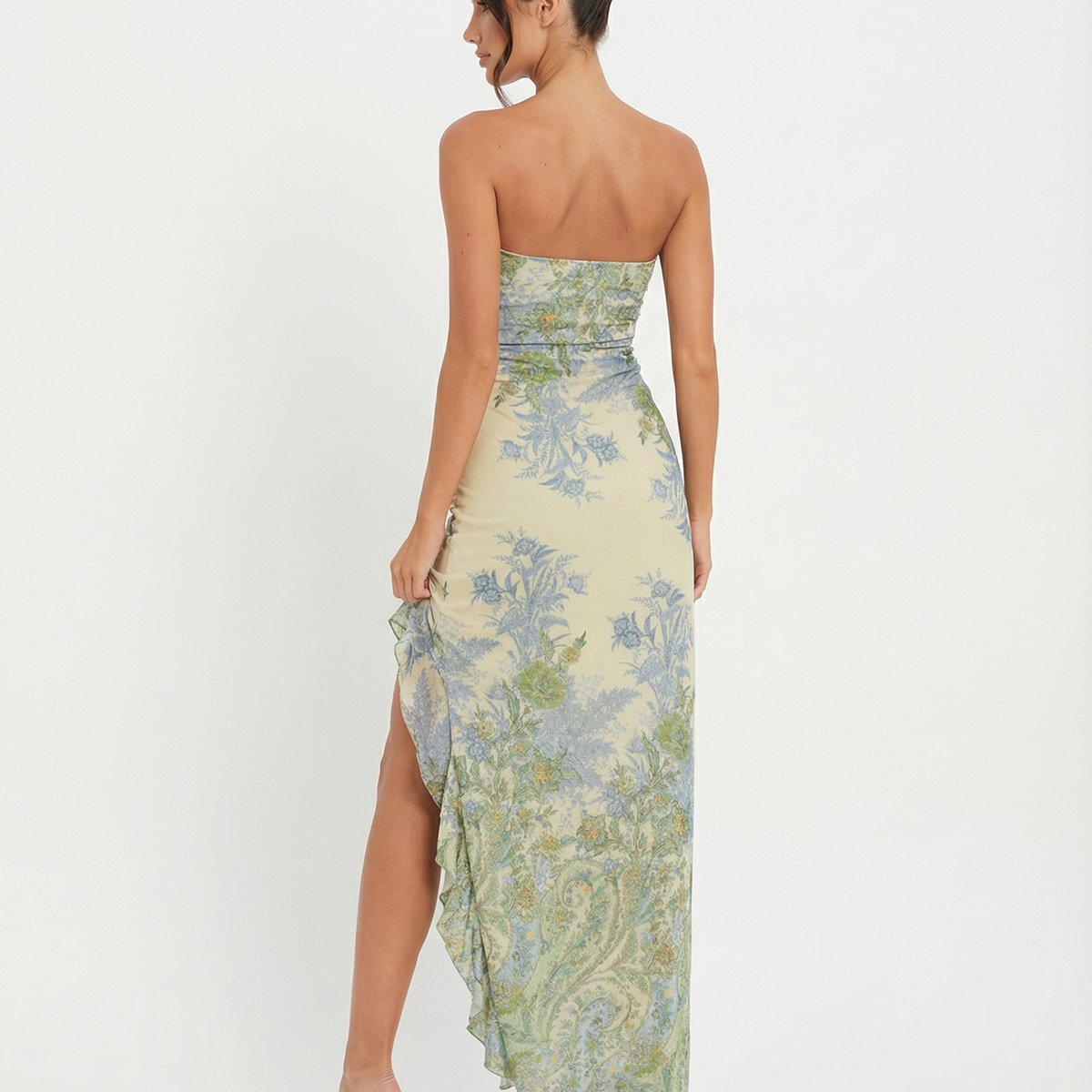 Mae | Strapless Mesh Maxi Dress with High Slit and Asymmetric Hem