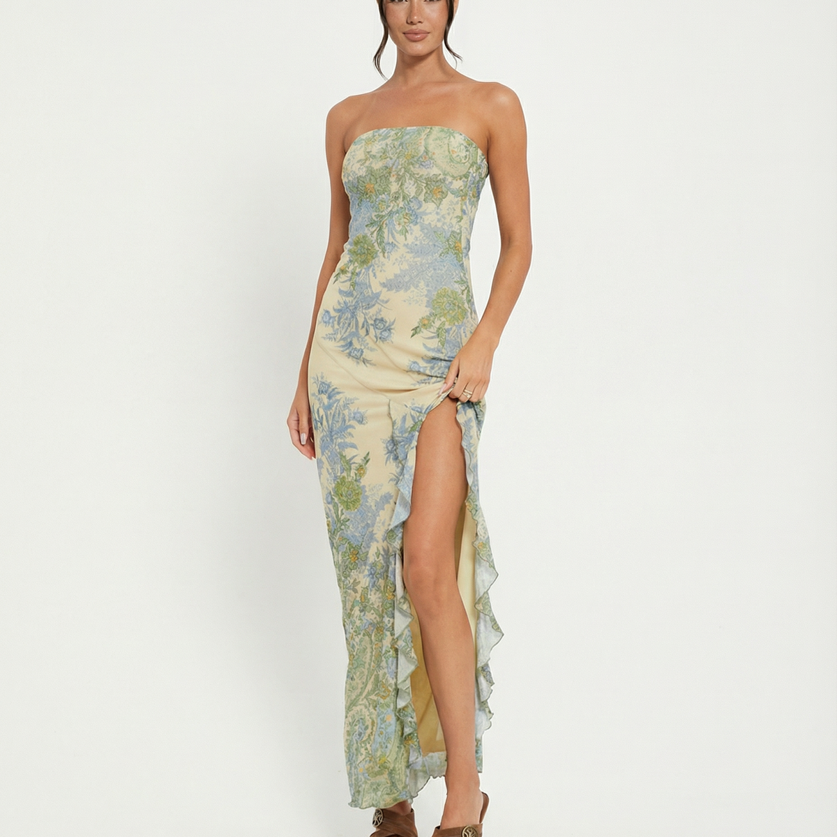 Mae | Strapless Mesh Maxi Dress with High Slit and Asymmetric Hem