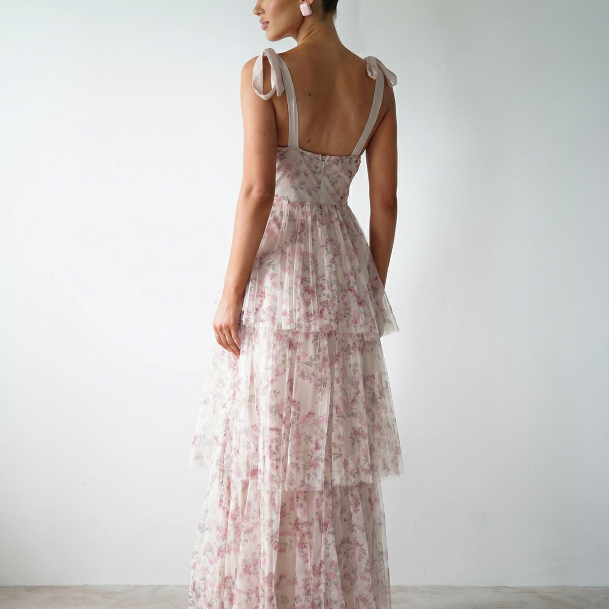 Patty | Floral Tulle Maxi Dress with Tie Straps and Tiered Skirt