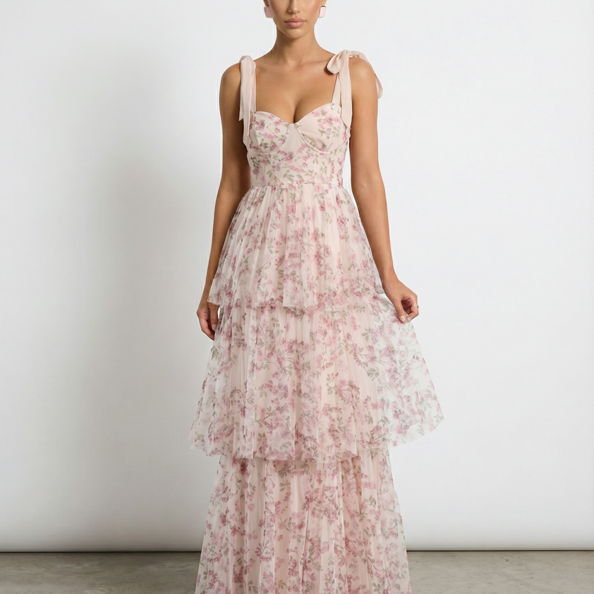 Patty | Floral Tulle Maxi Dress with Tie Straps and Tiered Skirt