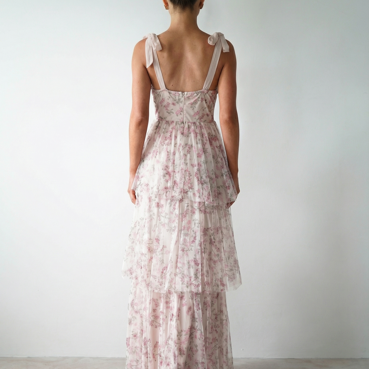 Patty | Floral Tulle Maxi Dress with Tie Straps and Tiered Skirt