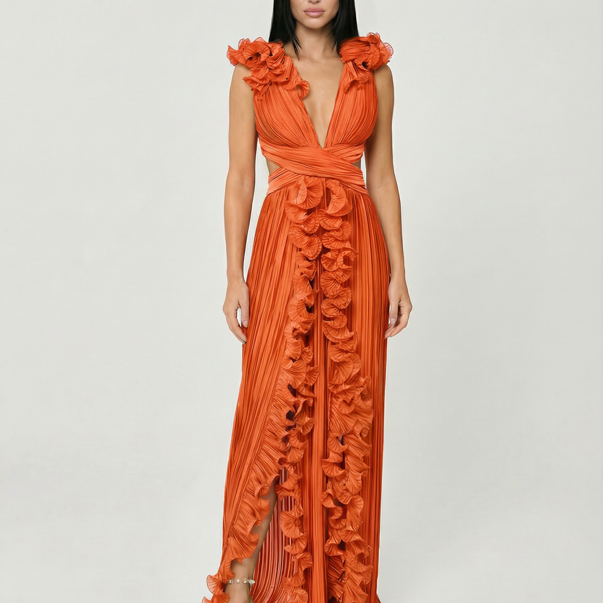 Taylor | Pleated V-Neck Maxi Dress with Cut-Out and Front Split