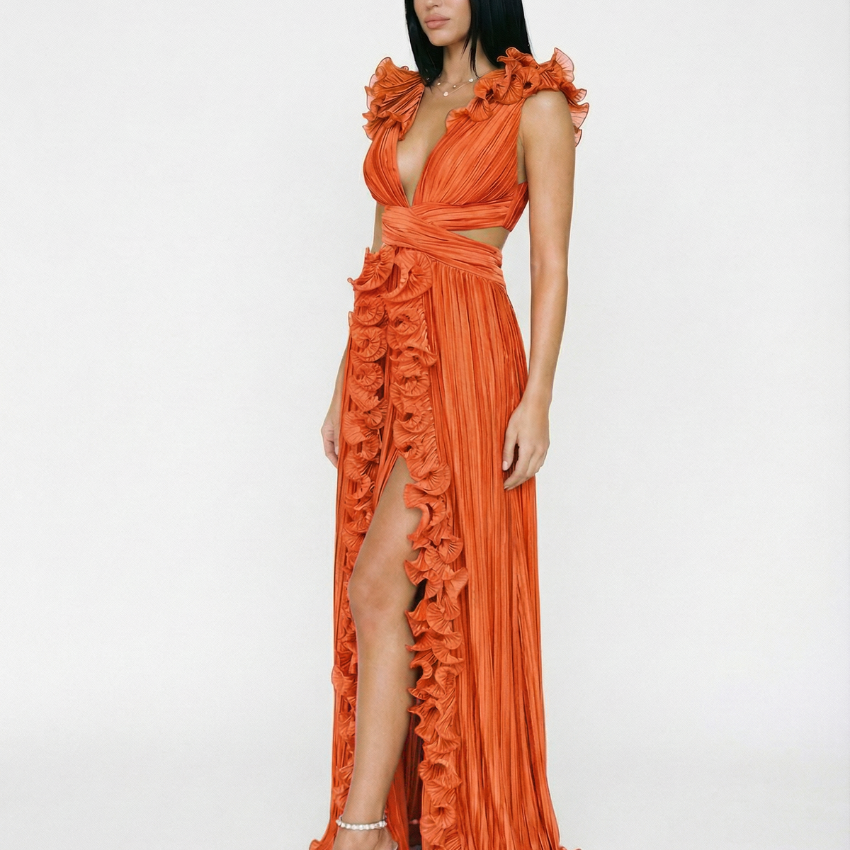 Taylor | Pleated V-Neck Maxi Dress with Cut-Out and Front Split