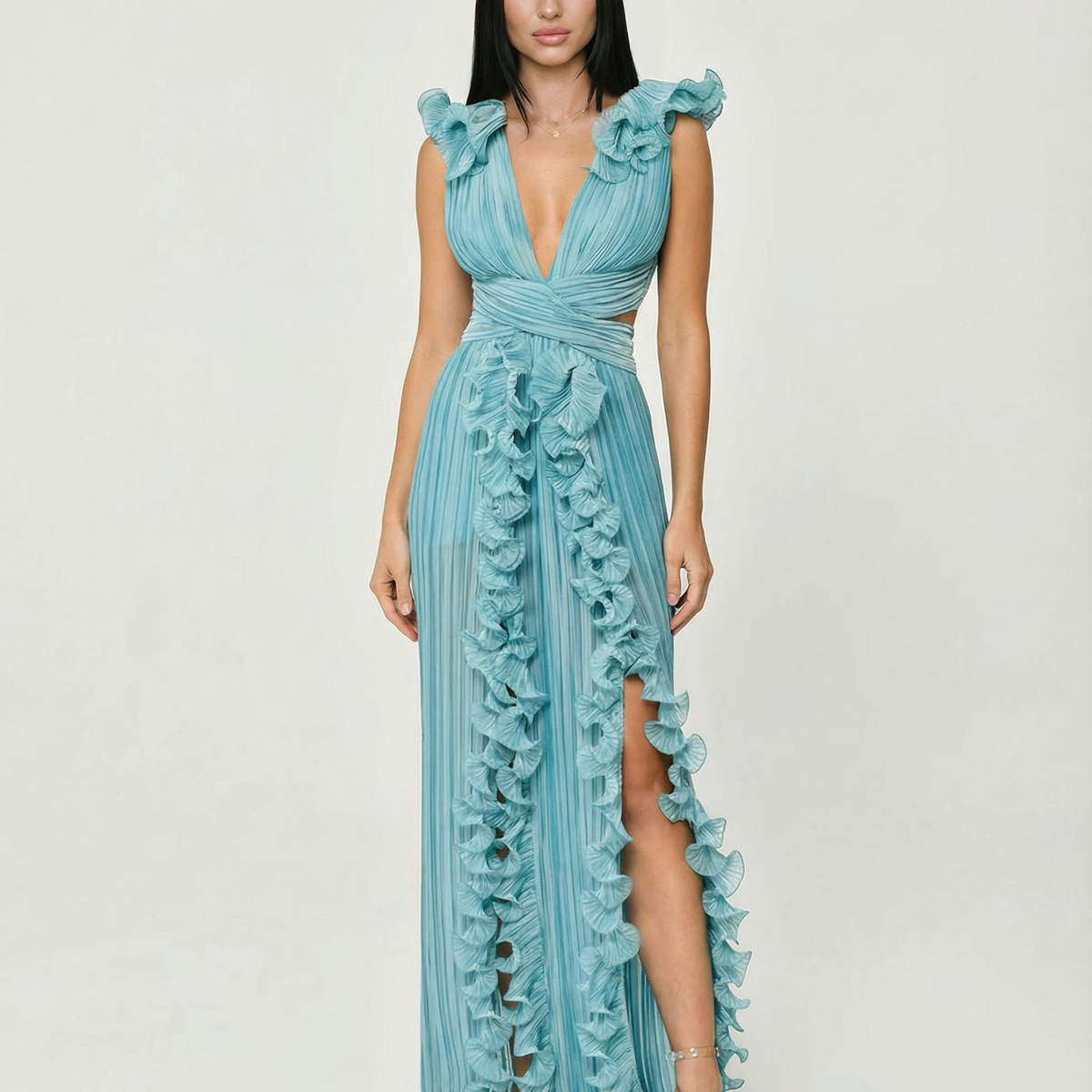 Taylor | Pleated V-Neck Maxi Dress with Cut-Out and Front Split