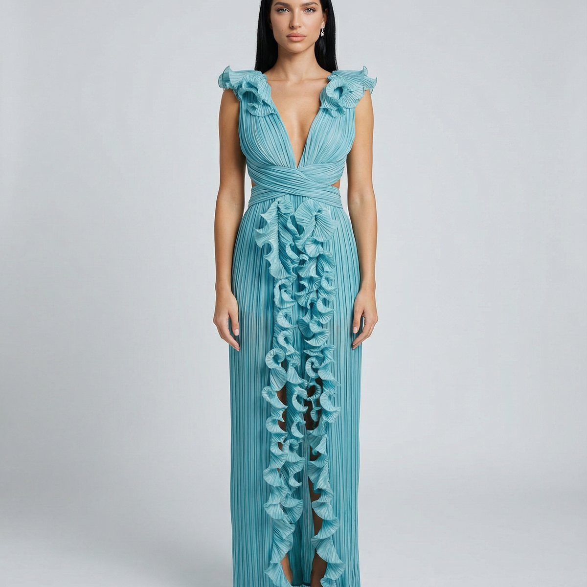 Taylor | Pleated V-Neck Maxi Dress with Cut-Out and Front Split