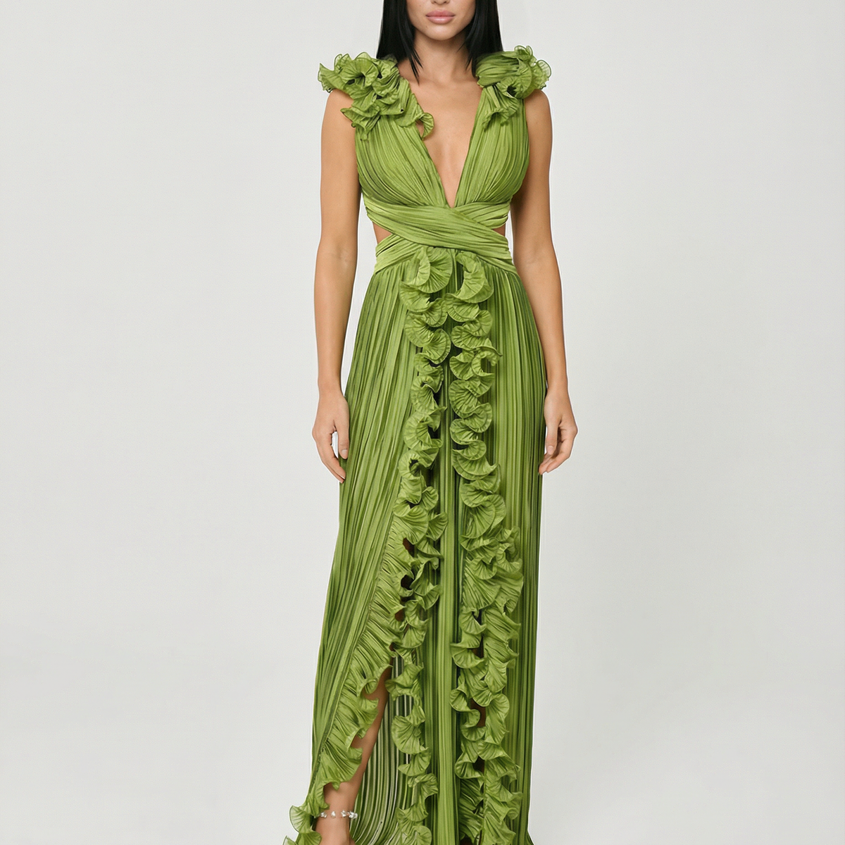 Taylor | Pleated V-Neck Maxi Dress with Cut-Out and Front Split