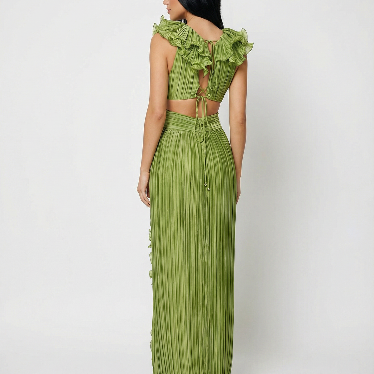 Taylor | Pleated V-Neck Maxi Dress with Cut-Out and Front Split