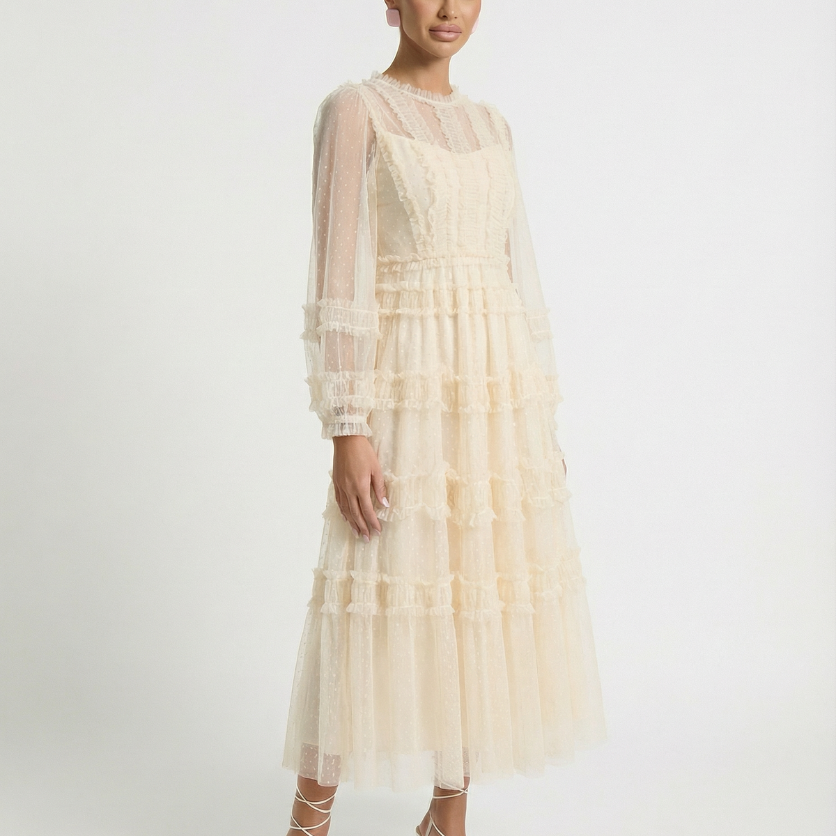 Celia | Midi Dress with Sheer Long Sleeves