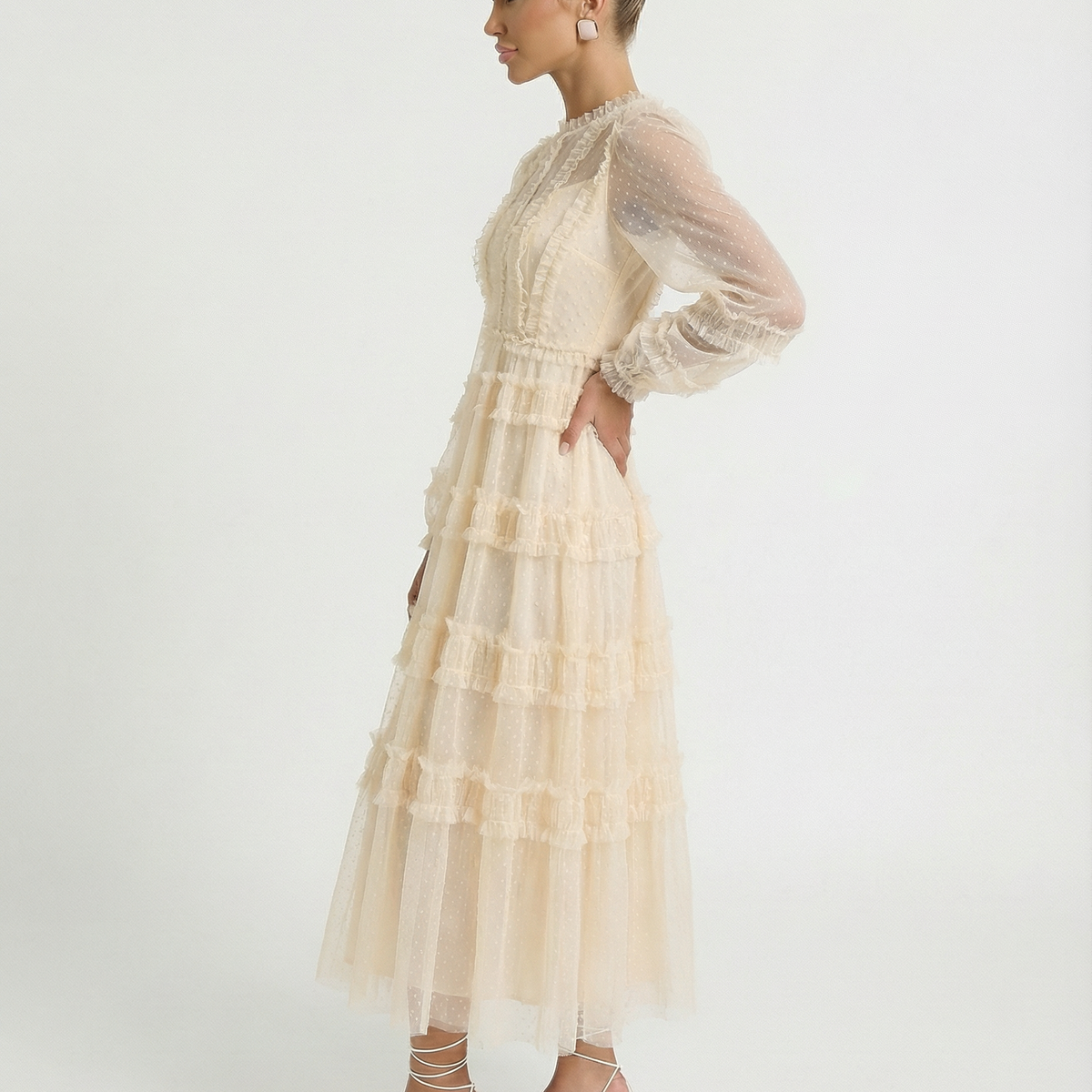 Celia | Midi Dress with Sheer Long Sleeves