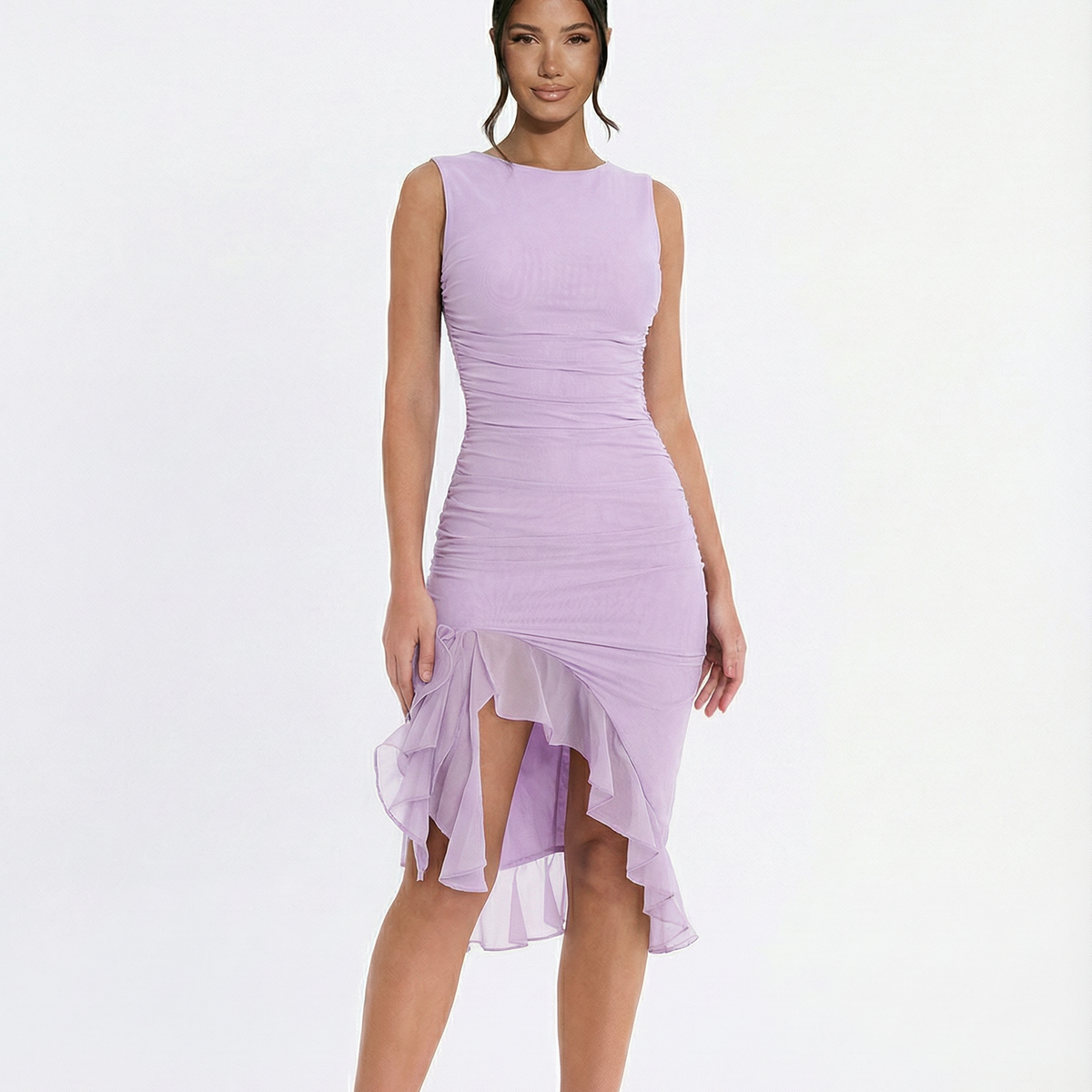 Avery | Ruffle Midi Dress with Ruched Mesh Detail