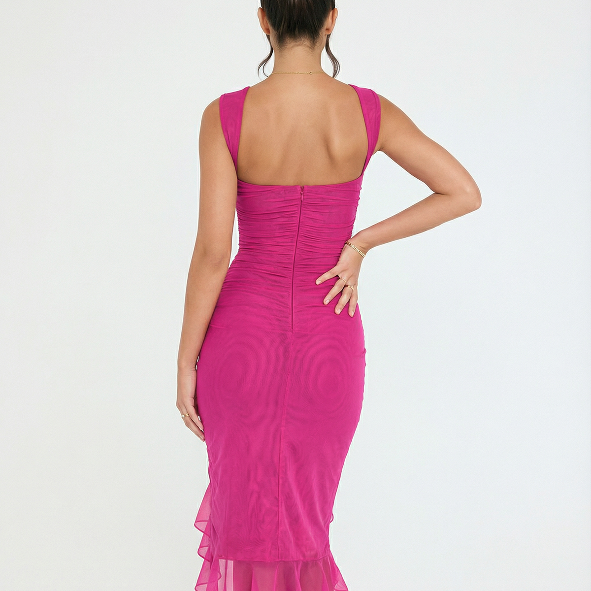 Avery | Ruffle Midi Dress with Ruched Mesh Detail