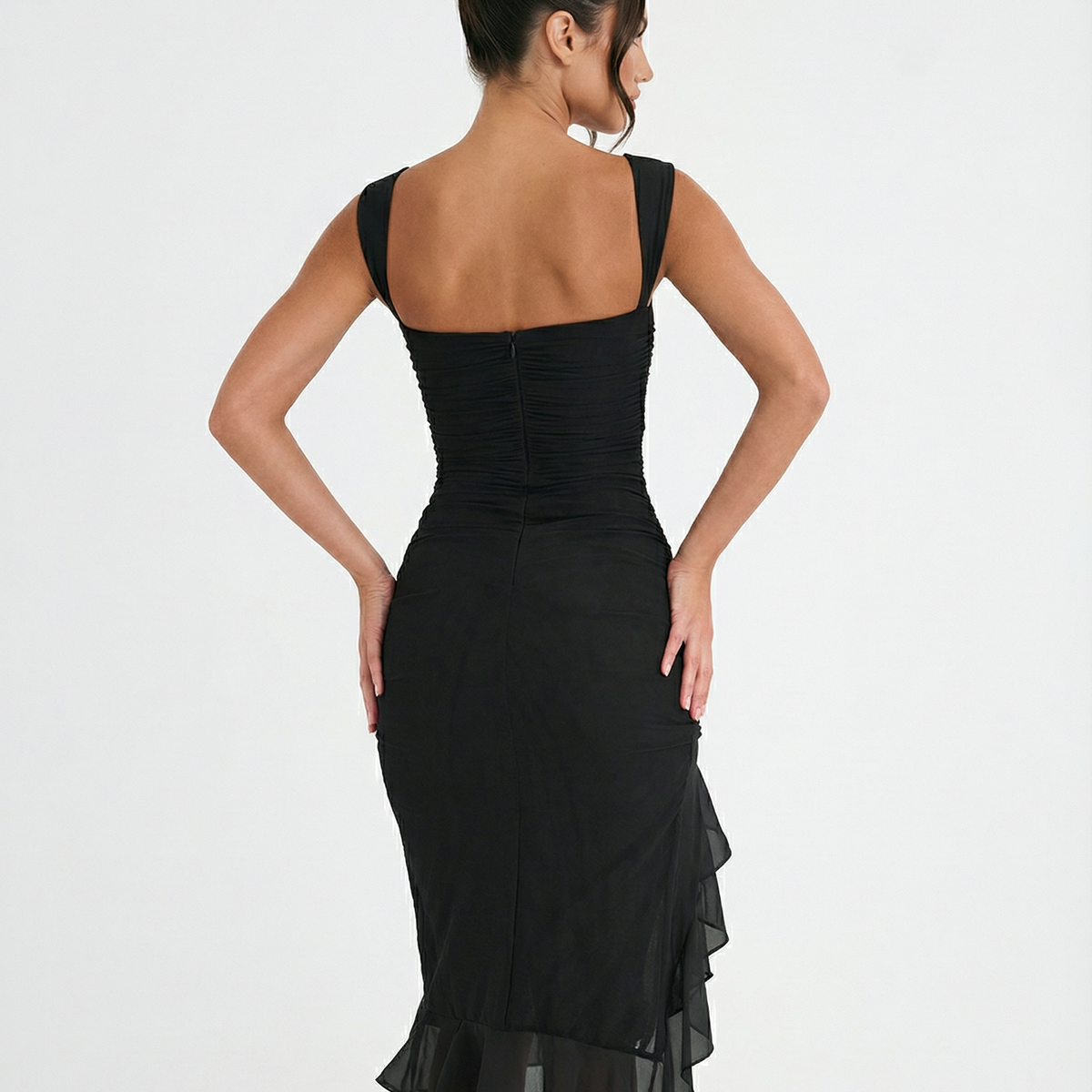 Avery | Ruffle Midi Dress with Ruched Mesh Detail
